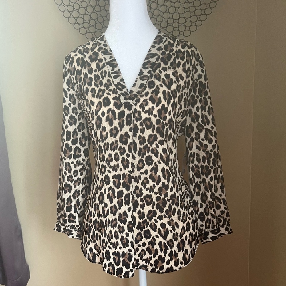 Leopard Print Women’s Blouse with 3/4 Sleeves, Size Medium
